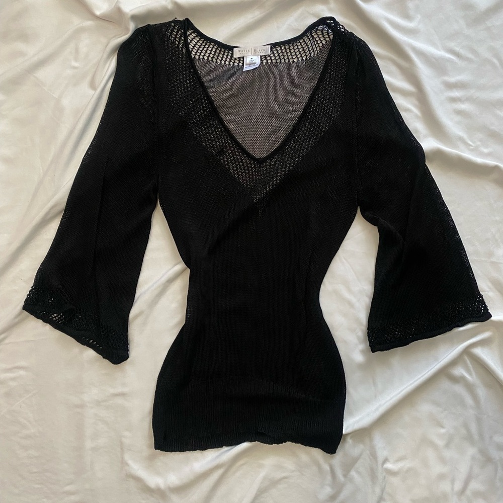 White House Black Market Sheer Top With Bell Sleeves, Black, Medium